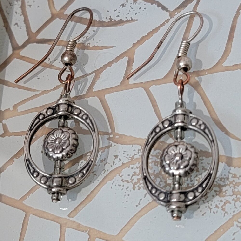 Vintage Filigree Silver Tone Earrings Sphere Hoop Drop Dangle